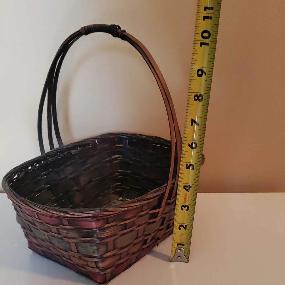 Woven Basket with Handle- Brown W/ Subtle Burgandy & Green Tones